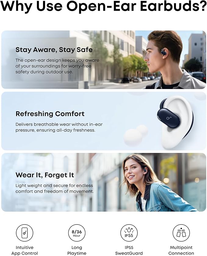 Soundcore V20i by Anker Open-Ear Headphones, Adjustable Ear Hooks, Ultra-Comfort, Snug Fit, Powerful Sound, Clear Calls, IP55, 36H Playtime, Bluetooth 5.4 Wireless Earbuds, Multipoint Connection