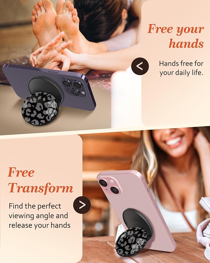 Kidcube Magnetic Phone Grip Compatible with Magsafe - Cell Phone Grip Stand Magnetic Ring Holder Finger Kickstand for iPhone 17 16 15 14 13 12 Series Magnet Removable Accessories Cute Black Leopard