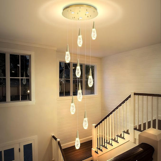 H98 Modern Chandelier for Stairway 9-Lights Crystal Raindrop Chandelier Gold Pendant Light for Staircase Living Room Entryway LED Dimmable High Ceiling Chandeliers with Remote