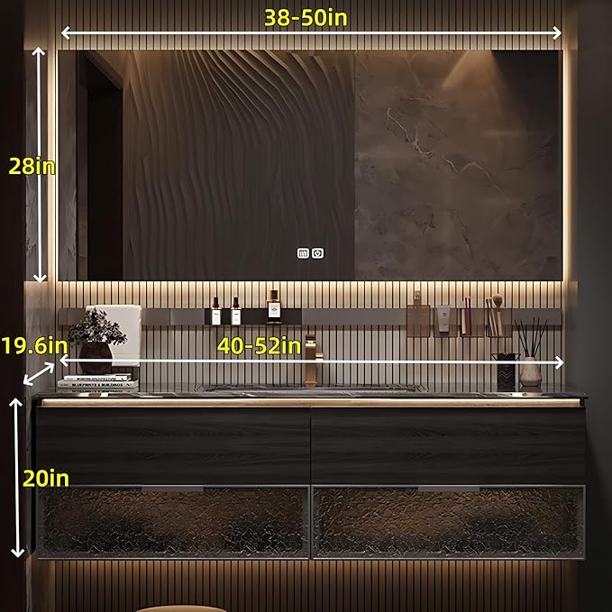 52in Luxury Bathroom Vanities - Bathroom Vanity with Sink, Wall-Mounted Storage with 2 Large Side Cabinets Intelligent Defogging & Led Lights | Multi-Layer Solid Wood