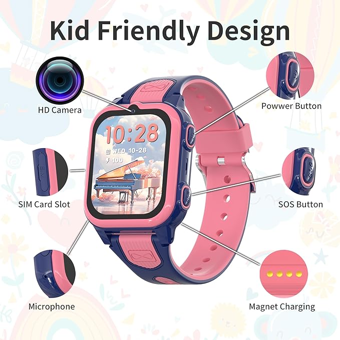 4G Kids Smart Watches Girls with GPS Tracker, Kids Cell Phone Watch with Video & Voice Calling Texting SOS Call Chat Camera Pedometer Alarm Calculator Games, Smart Watch for Girls Age 5-12(Pink)