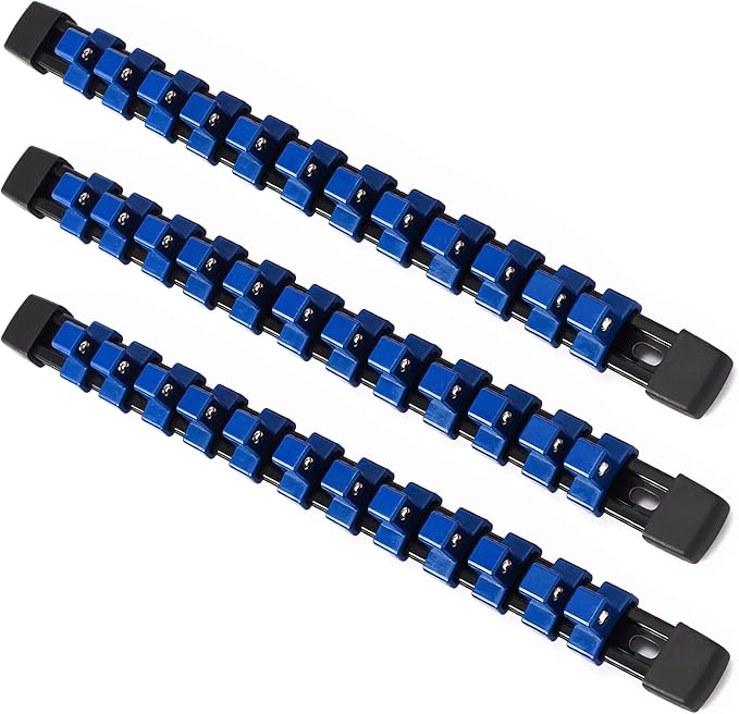 ALOANES 3PC ABS Socket Organizer, Socket Rails Fit 1/2 inch Drive, Heavy Duty Socket Holders Hold up to 36 Sockets, Black Rails with Blue Clips