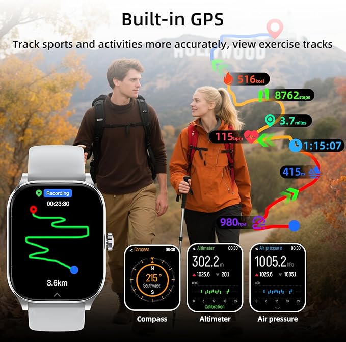 Smart Watch with Built-in GPS, 1.96" HD Display, Answer/Make Calls, 100+ Sport Modes, Heart Rate/Sleep/SpO2 Monitor, Fitness Activity Tracker for Android and iPhone, for women men (Gray, 1.96")