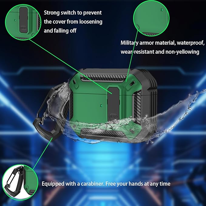 for AirPods Pro 3 Case, Secure Lock Cases Cover with Carabiner Compatible with Airpods Pro 3rd Generation Case, Full Body Shockproof Protective AirPod Case for Men Women(Black Green)