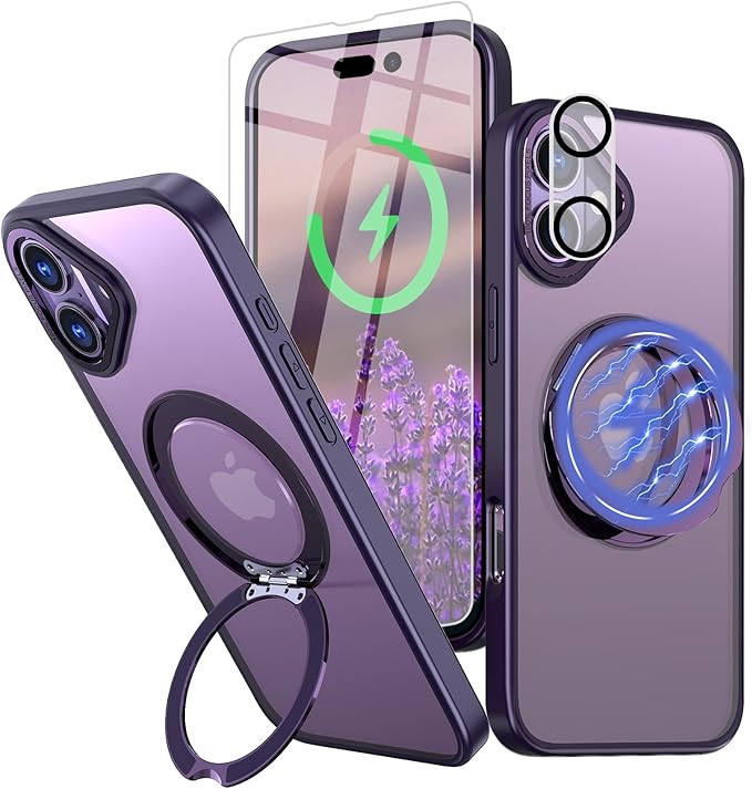 for iPhone 16 Case with Screen Protector & Lens Protector [15 FT Military Drop Protection] Magnetic Kickstand Compatible with MagSafe Slim Translucent Case (Deep Purple)