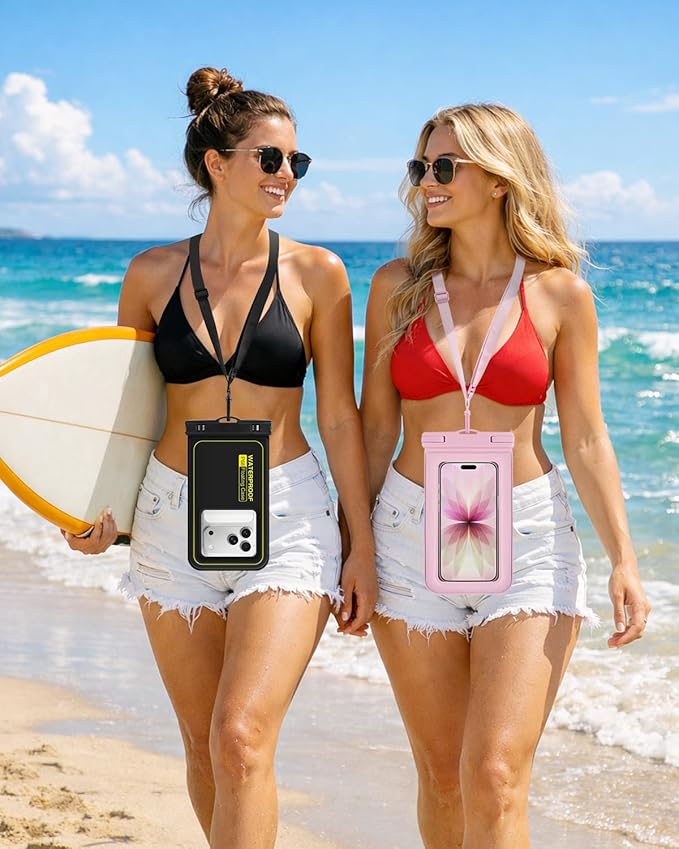 Floating Waterproof Phone Pouch 2 Pack, IP68 Waterproof Phone Case, Up to 8.3" Dry Bag for iPhone 17 16 15 14 Pro Max Samsung S25 Ultra S24 S23, Kayak/Beach/Cruise Travel Essentials， Black+Pink