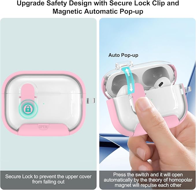 for Airpods Pro 3 Case Clear,Secure Lock for Airpods pro 3rd Generation Case Cover with Phone Stand and Magsafe Function,Auto Pop-up,Hybrid Protection Design with Carabiner&Cleaning Pen-Pink