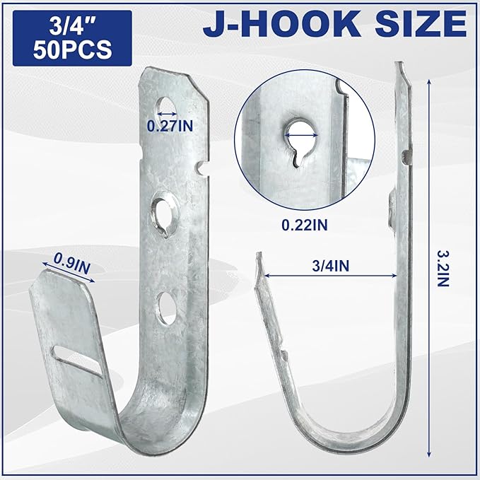 Gisafai J Hooks for Hanging, Heavy Duty J Hooks, Metal Cable Hook for Wire Management, Ul Certification, G60 Galvanized Steel(3/4 Inch)