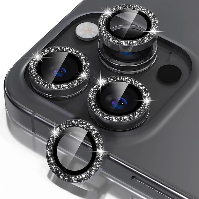 Misea Compatible for iPhone 16 Pro/iPhone 16 Pro Max Camera Lens Protector Bling, 9H Tempered Glass Camera Cover Screen Protector Metal Individual Ring Protector Decoration Accessories, Black Glitter