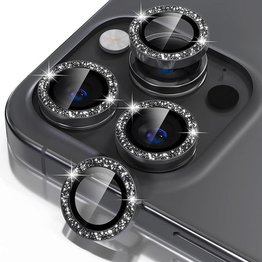 Misea Compatible for iPhone 16 Pro/iPhone 16 Pro Max Camera Lens Protector Bling, 9H Tempered Glass Camera Cover Screen Protector Metal Individual Ring Protector Decoration Accessories, Black Glitter