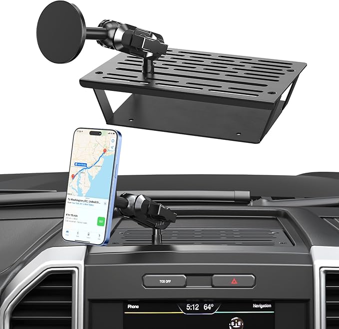No Punching Required Dash Phone Holder, Compatible with 2015-2020 F150 2017-2022 F250 F350, Metal Cellphone Mounting Bracket Stand for Most CellPhones (Magnetic Type)