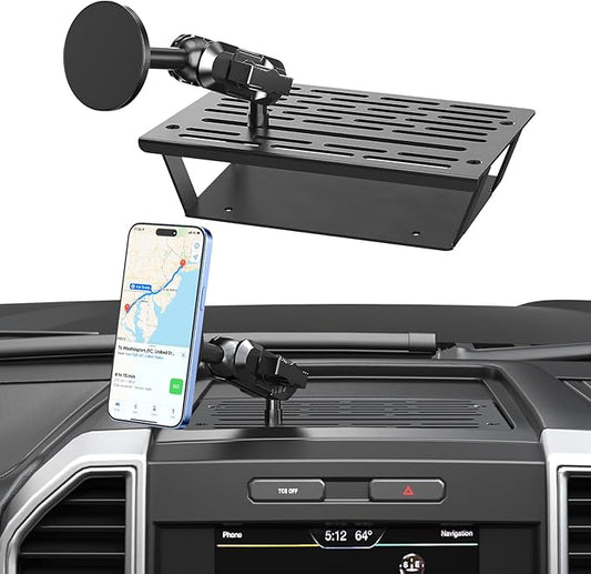 No Punching Required Dash Phone Holder, Compatible with 2015-2020 F150 2017-2022 F250 F350, Metal Cellphone Mounting Bracket Stand for Most CellPhones (Magnetic Type)