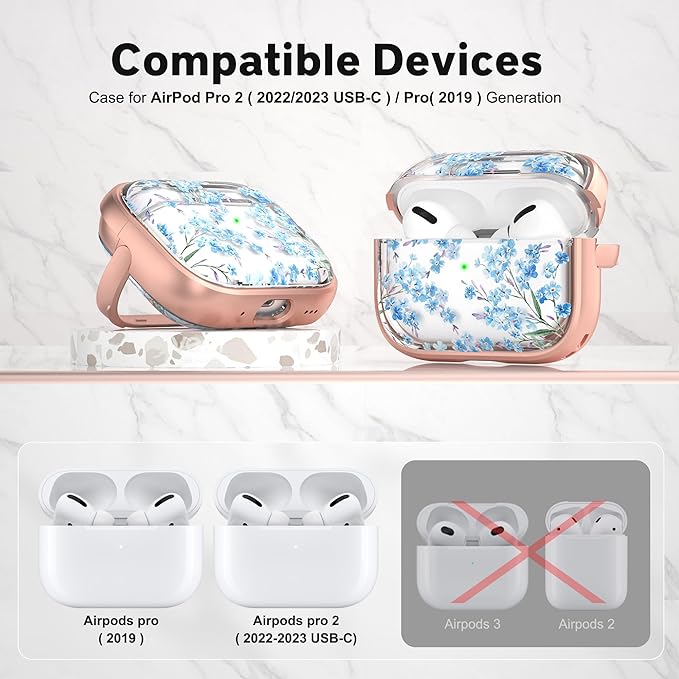 Maxjoy for AirPods Pro 2nd/1st Generation Case, Cute Flower AirPod Pro 2 Case with Safety Lock Hard iPod Pro Cover for Women Girly with Keychain for AirPod Pro Cover(2023/2022/2019), Blue