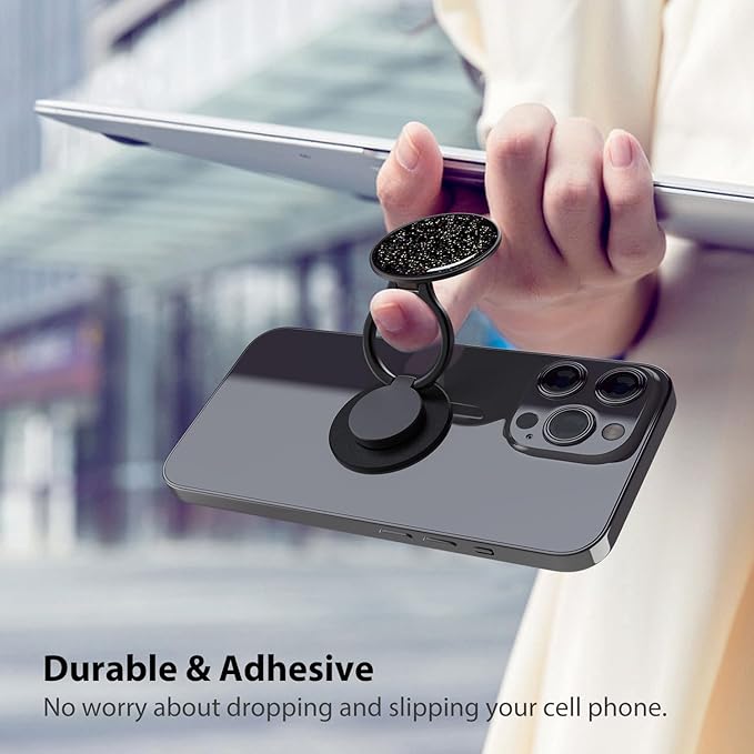 Phone Grip Holder, Phone Ring Holder Finger Kickstand, Adjustable Metal Cell Phone Rings Gripper Stand Work with Magnetic Car Mount for iPhone Samsung &Other Phones - Sky Black