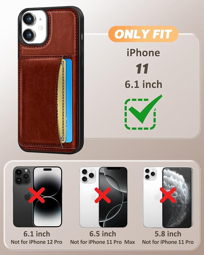 for iPhone 11 Case with Wallet - Fits 4 Card Slots, Compatible with MagSafe for Women Men Durable PU Leather Credit Card Holder Kickstand Phone Cover for Apple 11, Brown