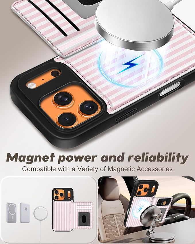 for iPhone 17 Pro Case with Wallet - Fits 4 Card Slots, Compatible with MagSafe for Women Aesthetic Durable PU Leather Credit Card Holder Kickstand Phone Cover for Apple 17 Pro, Stripes