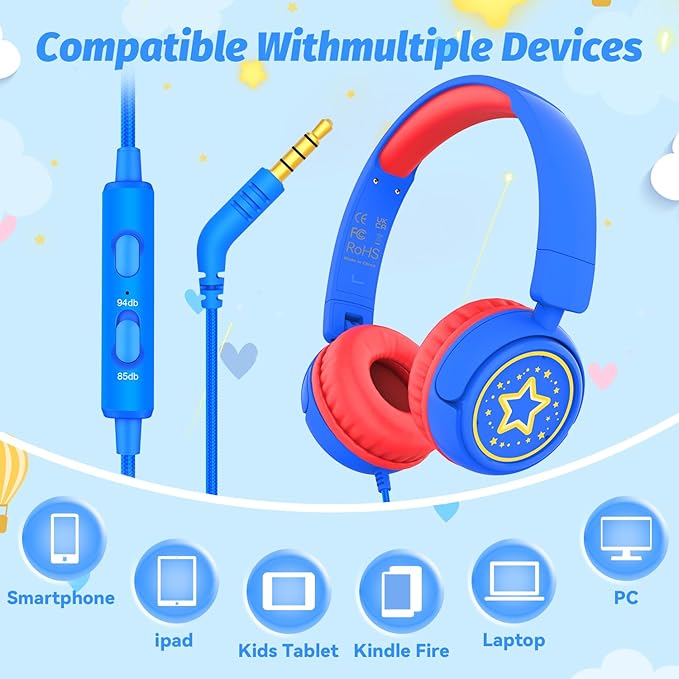 Kids Headphones with Cord for School, 85/94dB Volume Limit Headphones for Kids, Portable Wired Headphone with Shareport, Stereo Sound Foldable Headset for School/Tablet/iPad/Kindle (Blue)