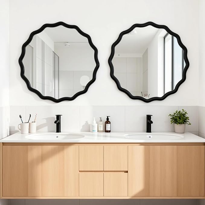 Circle Scalloped Mirror for Wall 24" Round Wavy Wooden Frame Vanity Mirror Hanging for Bedroom, Living Room, Hallway, Entryway, Home Decor Black