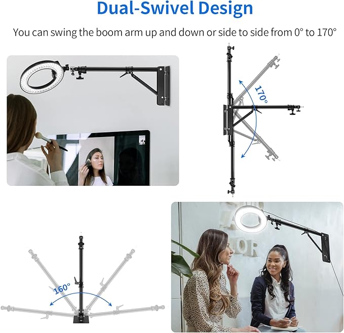 Selens Wall Mount Boom Arm with Triangle Base, Max Length 51inches/130cm Adjustable Camera Mount Up to 4.26ft for Photography Studio Video Strobe Flash, Ring Light, Softbox, Umbrella Reflector etc.