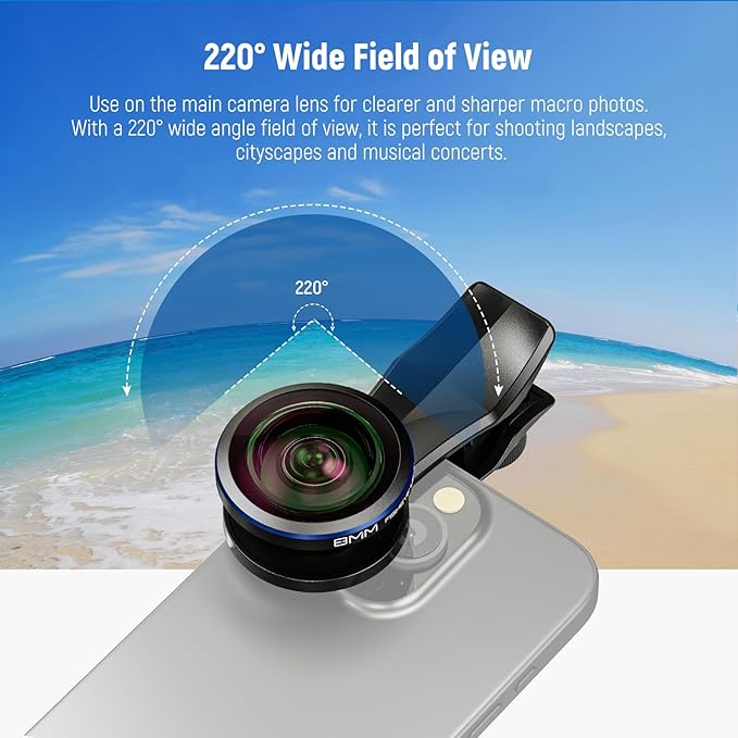 NEEWER 8mm Fisheye Lens with 220 Wide Angle & 17mm Thread Phone Lens Clip, Also for 17mm Threaded Phone Cage/Case/Clamp/Backplate, LS-29 PRO