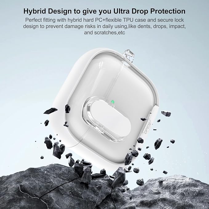 for Airpods 4 Case Clear,Secure Lock for Airpods 4th Generation Case Cover with Phone Stand and Magsafe Function,Auto Pop-up,Hybrid Protection Design with Carabiner&Cleaning Pen-White