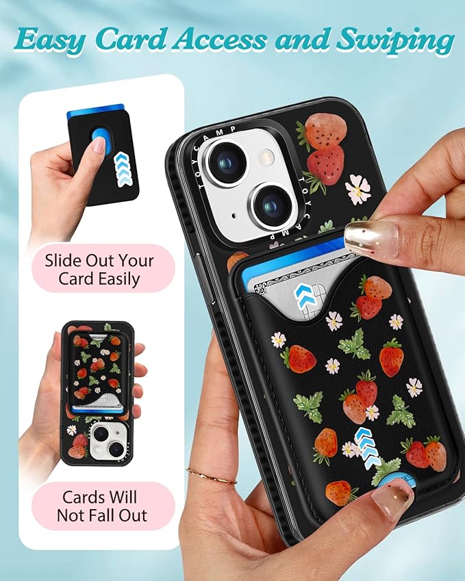 Toycamp for iPhone 15 Case - Compatible with Magsafe with Credit Card Holder Wallet Magnetic Girls Cute Girly Teens Kawaii Unique Strawberry Black Design Pretty Phone Cover for Apple 15 6.1"