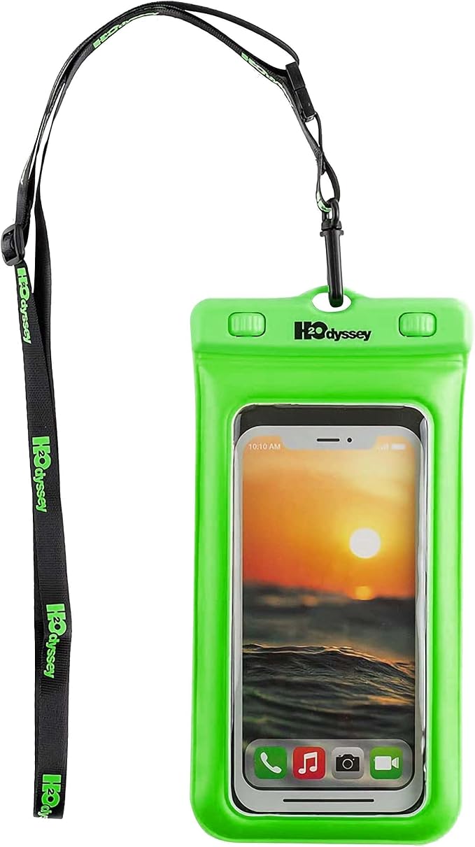 H2ODYSSEY Waterproof Phone Case and Lanyard - Excellent Waterproof Protection - Floats in The Water -Lanyard for Beach Kayak Travel - Universal Size - Green