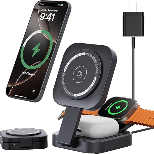 3 in 1 Mini Foldable Charging Station for Apple Devices, Wireless Charger Stand for Magsafe for iPhone 17/Air/16/15/14/13/12 Series, Apple Watch Series, AirPods pro/2/3/4, Gifts for Women Men (Black) - Image 6