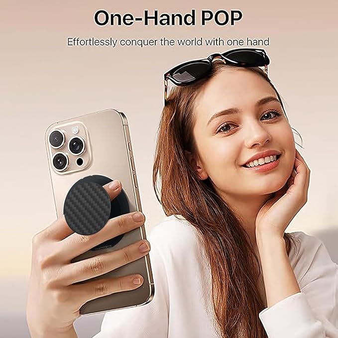 Cell Phone Ring Holder, Phone Grip, Magnetic Phone Ring Stand，Ultra Thin Phone Kickstand with Finger Loop Strap, Phone Ring Holder for Mag-Safe iPhone 16/15/14/13/12 Series (Carbon Fiber)