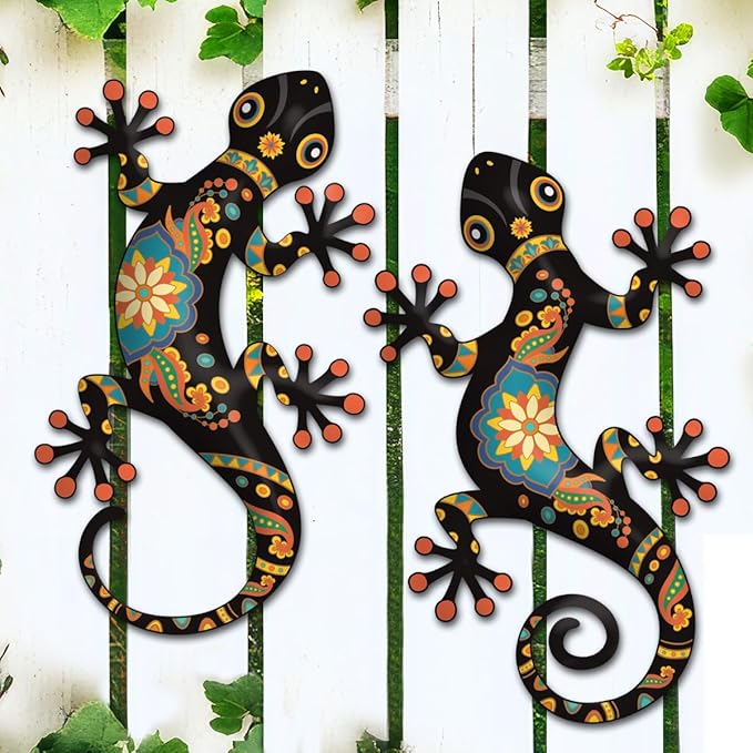 Metal Gecko Outdoor Decor -2 Pack 11.8 inch Metal Lizard Wall Hanging Sculpture Decoration for Indoor or Outdoor, Garden Yard Fence Porch Wall Decorations (Black)