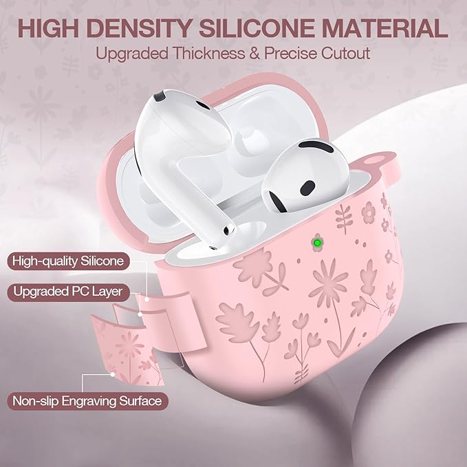 Compatible with AirPods 4th Generation Case Cover with Cleaner Kit, Flower Engraved Silicone Shockproof Protective Skin Cover for AirPods 4 Case 2024 with Keychain, Pink