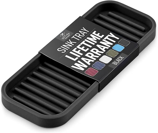Zulay Kitchen (9x3.5) Silicone Sponge Holder for Kitchen Sink - Flexible Multipurpose Soap Tray Sponge Holder - Sink Organizer Tray for, Bathroom, Makeup, Trinkets & More (Black)