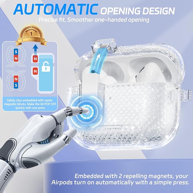 for AirPods Pro 2 Case with Phone Stand & Secure Lock, Auto-Open Clear Cover Compatible with Apple AirPods Pro 2nd/1st Gen (2023,2022,2019) with Cleaning Kit & Keychain (Shine)