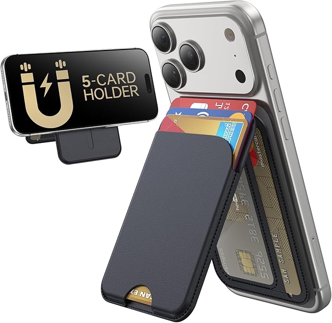 for MagSafe Wallet, 5 Cards Holder with Stand, Magnetic Phone Wallet Stand for iPhone 17/16/15/14/13/12 Pro Max Air Plus Series, RFID Blocking Vegan Leather,Black