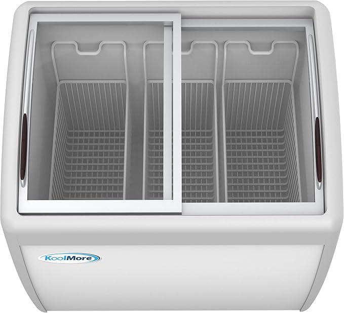 KoolMore - MCF-9C Commercial Ice Cream Freezer Display Case, Glass Top Chest Freezer with 3 Storage Baskets and Sliding Lid, Large 9 cu. ft. Capacity, White
