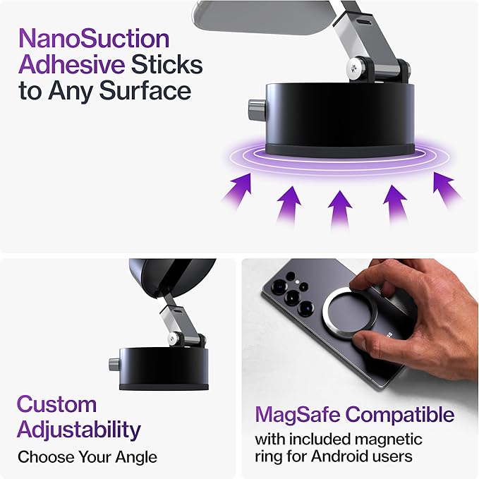 Statik HyperMount®(Gen 2) Vacuum Phone Mount Magnetic Phone Holder, Vacuum Seal Car Phone Mount, Use on Any Surface, Compatible with Apple MagSafe, Magnetic Rings Included for Android Devices, 5 Pack