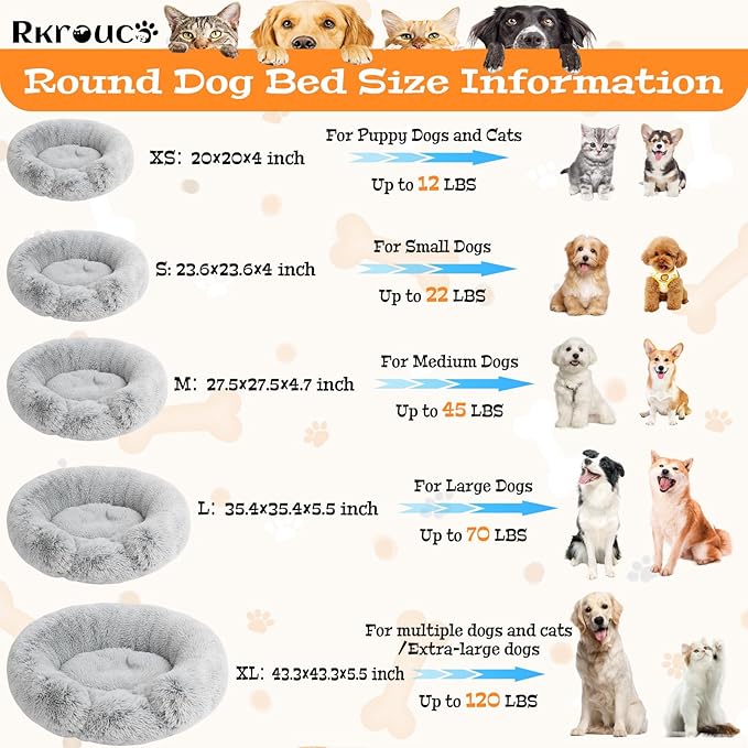 Fluffy Dog Bed Calming Donut Beds for Large Dogs Warming Round Small Medium Pet Nest Cozy Cat Mattress Indoor Washable Puppy Kennel Kittens Sleep Mat (XL, 43.3×43.3 inch, Light Gray)