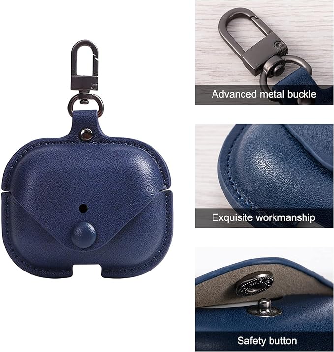 Genuine Leather Case Compatible with AirPods Pro Case 2nd/1st Gen (2023/2022/2019), VOMA Protective Cover for Apple AirPods Pro 2/Pro Wireless Charging Case with Keychain and Snap Lock Navy