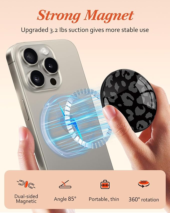 Kidcube Magnetic Phone Grip Compatible with Magsafe - Cell Phone Grip Stand Magnetic Ring Holder Finger Kickstand for iPhone 17 16 15 14 13 12 Series Magnet Removable Accessories Cute Black Leopard