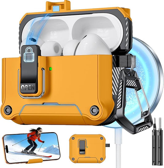 for AirPods Pro 3 Case with Lock,Automatic Snap Switch Design with Phone Stand，Accessories with Cleaning Pen/Keychain/Tool,Compatible with Magsafe(Yellow, AirPods Pro 3rd (2025))