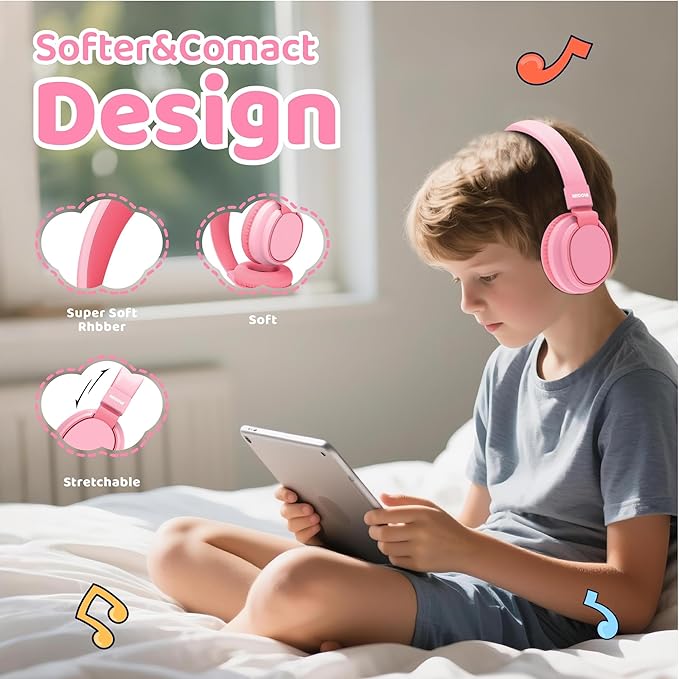 MIDOLA Kids Headphones Wireless Bluetooth 5.4 68H Play Time Volume Limit 85/94dB Over-Ear Foldable Headset,Type-C Fast Charging,with Wired Aux Mic for Toddler Boy Girl Pad Tablet Pink