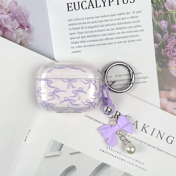 Compatible with AirPods Pro 2 Case Cover 2022, Soft TPU with Cute Flower Pattern for AirPods Pro 2nd/1st Generation Case with Flower Keychain and Carabiner for Girls Women (Purple Bow)