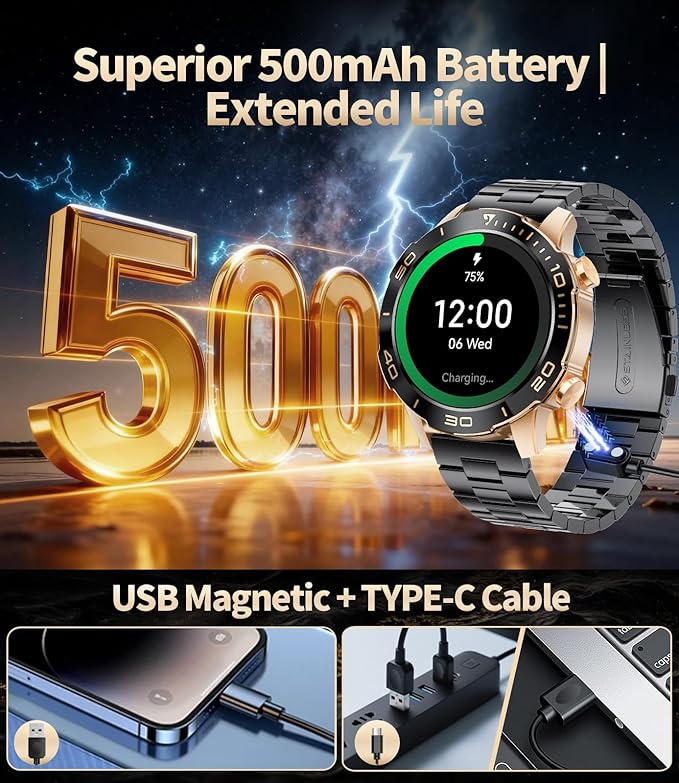 Military Smart Watch for Men(Answer/Calls),1.43''AMOLED Screen,500mAh 5ATM Waterproof,170 Sports Modes, Fitness Tracker Watch with Heart Rate/Sleep Tracking/Blood Pressure for Android/iOS,Smartwatch