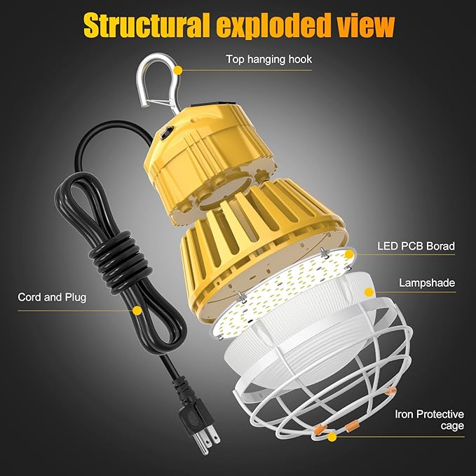 LED Temporary Work Light 60W, 7800LM 5000K Portable Hanging Construction Light with 10ft Cable Plug and Sturdy Hooks Linkable LED Work Light for Job Site Lighting, Workshop, Garage ETL Listed