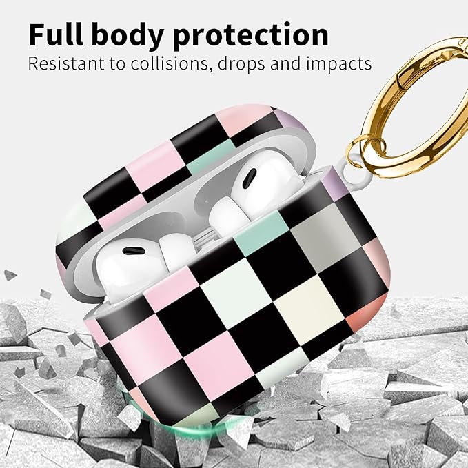 Compatible with Airpod pro 2nd/1st Generation Case Cover with Gold Round Keychain Cute Pattern Hard & Anti Slip Cover for Men Women & Girls（Colorful Squares）