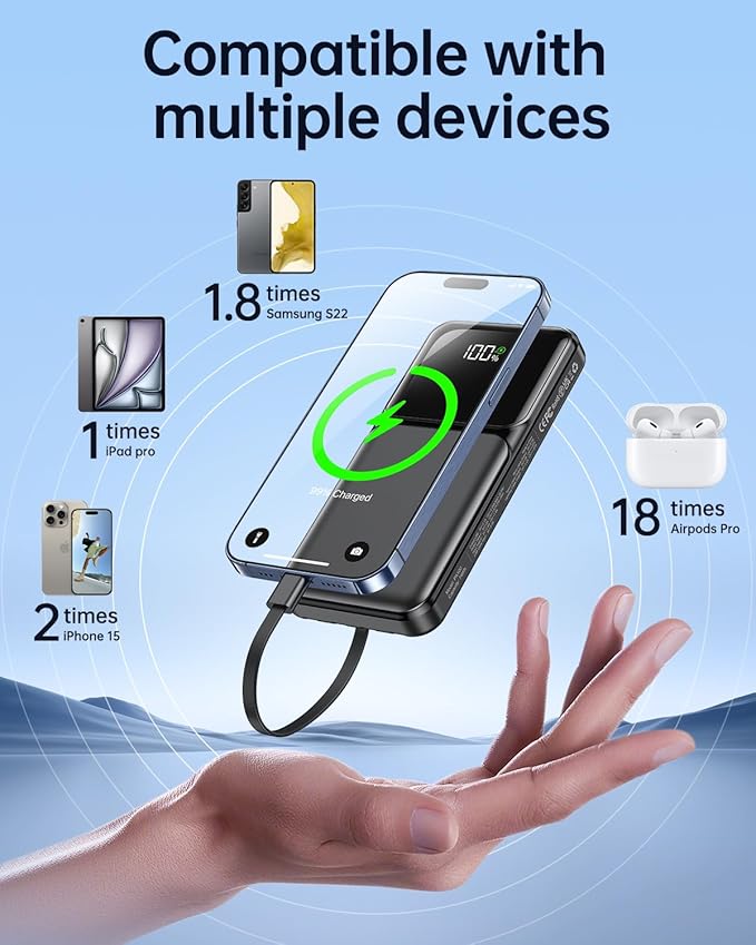 Portable Charger with Built in Cable - Power Bank Fast Charging USB C LED Display 10000mah Battery Pack 5 Outputs & 3 Inputs for Travel Essentials iPhone Samsung Android Phones Tablets Black