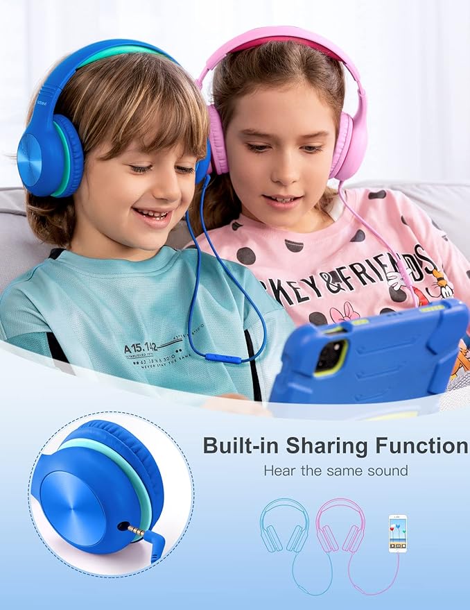 Kids Headphones with Cord, Over-Ear Headphones for Kids with Microphone, 85/94dB Volume Limit, Headset for Kid Boys Girls with Shareport, Wired Toddler Headphone for School/Tablet/iPad/Travel