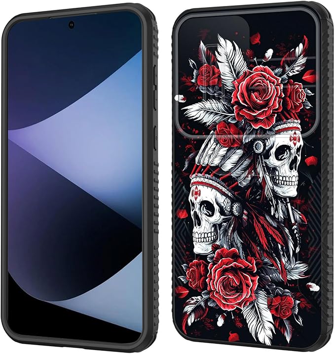 for Galaxy A35 5G Case Built in Slide Camera Lens Cover,Heavy Duty Shockproof Protection Dual Layer Case for Samsung Galaxy A35 5G 6.6 inch 2024,Skull Art with Feathers and Roses