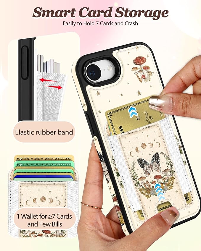 Shorogyt for iPhone 17e/16e Wallet Case - Fits 5 Cards, Compatible with Magsafe Detachable Magnetic Credit Card Holder Leather Cardholder Cute Phone Cover Women Girls for Apple 17e/16e, Moon Butterfly