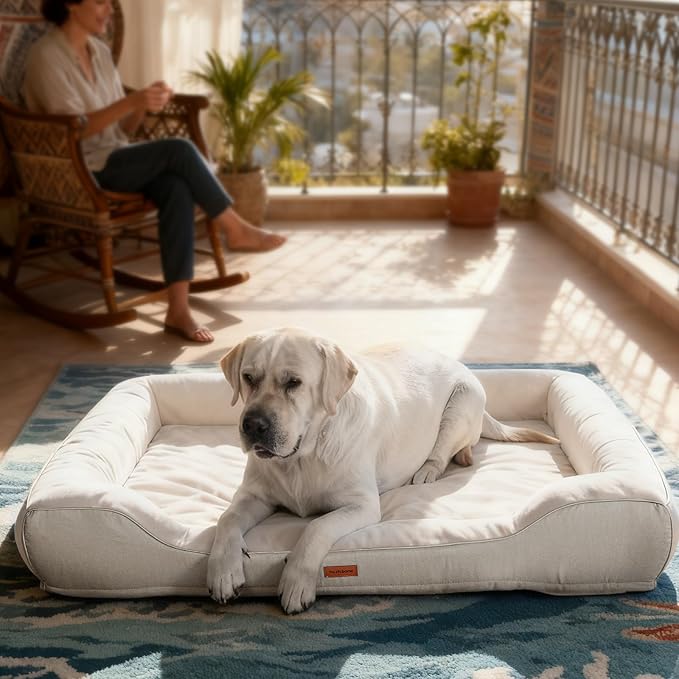 Orthopedic Dog Beds for Extra Large Dogs, Waterproof Cooling Gel Memory Foam XL Pet Bed with Sides, Non-Slip Bottom and Egg-Crate Foam with Washable Removable Cover,42.0" LX30.0 WX9.0 Th Beige
